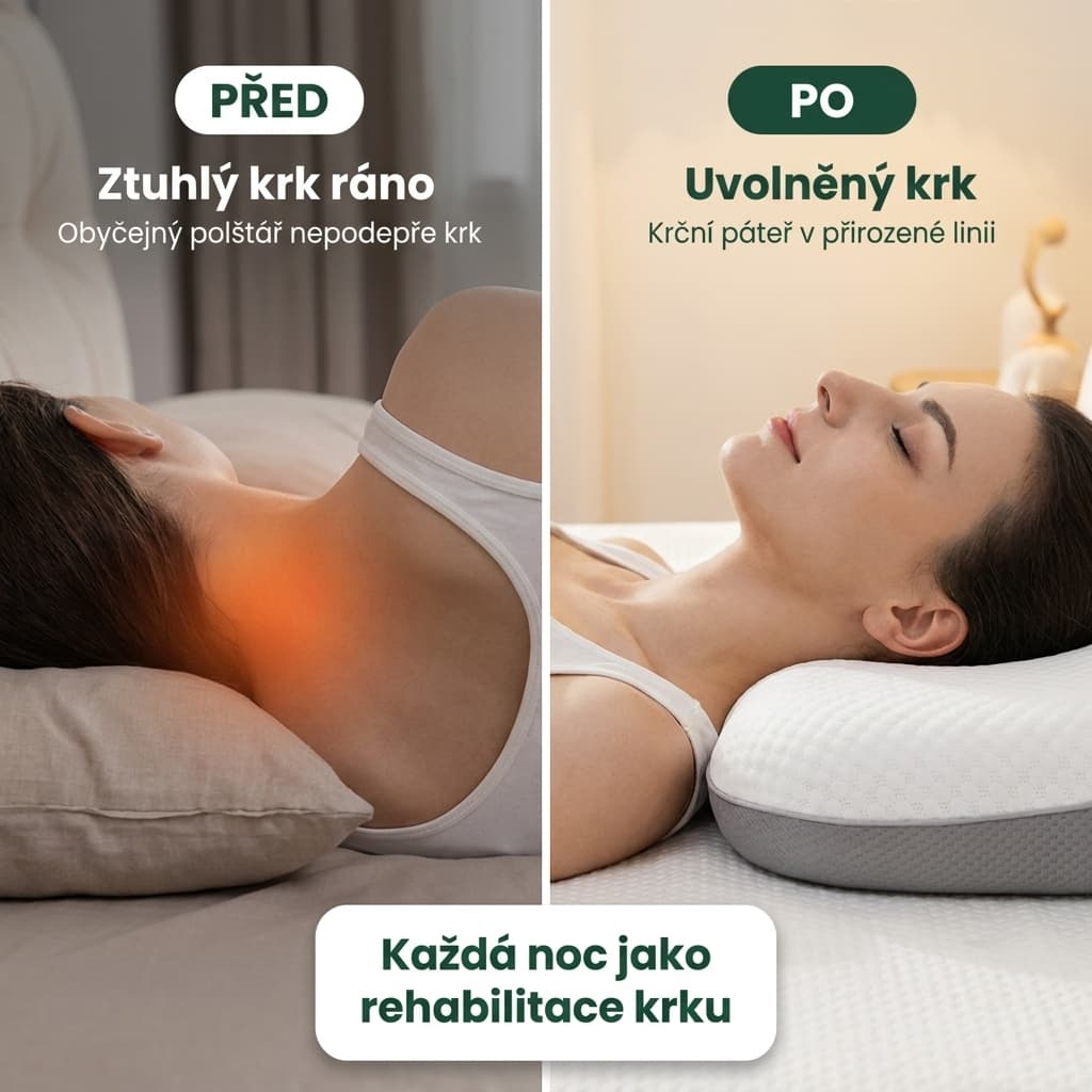 Ergonomický polštář z paměťové pěny před a po – úleva od ztuhlého krku
